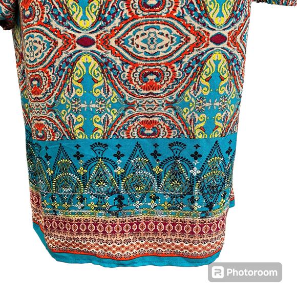 Bebop Be You Be Free Dress SZ L Keyhole 3/4 Sleeves Aqua Multi Color Tribal - Picture 5 of 12